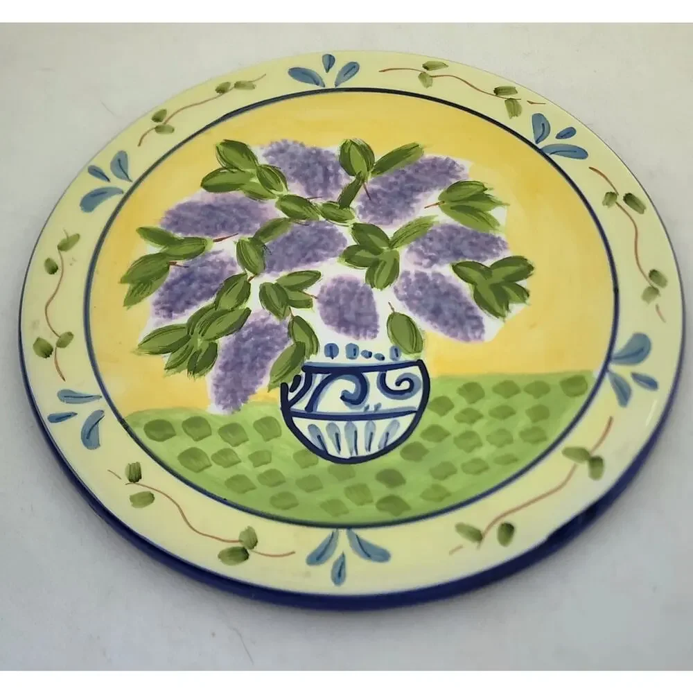 Ceramic Trivet Hot Plate Counter Decor Floral Pottery Yellow Blue 7.5